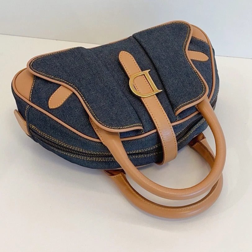 Christian Dior Denim Bowling Bag Top Handle Bag Blue Brown Women Fashion