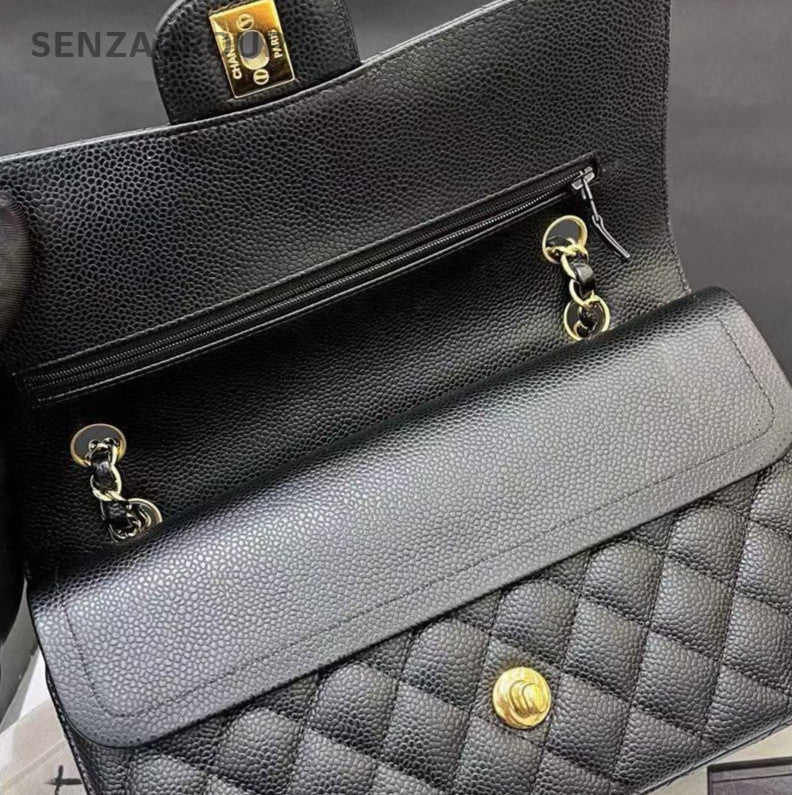 Chanel Classic Flap Calfskin Leather MM Chain Shoulder Bag Black Gold Women