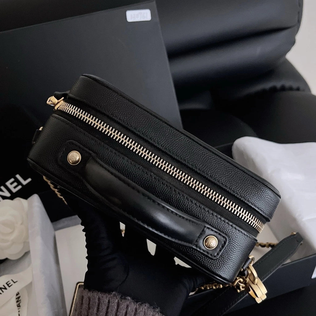 Chanel Camera Case PM Calfskin Chain Crossbody Black Gold Diamond Women Classic