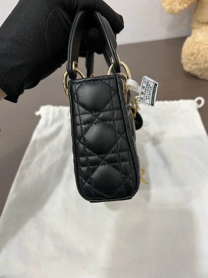 Dior Black Gold Mini Lady Dior Top Handle Bag For Women