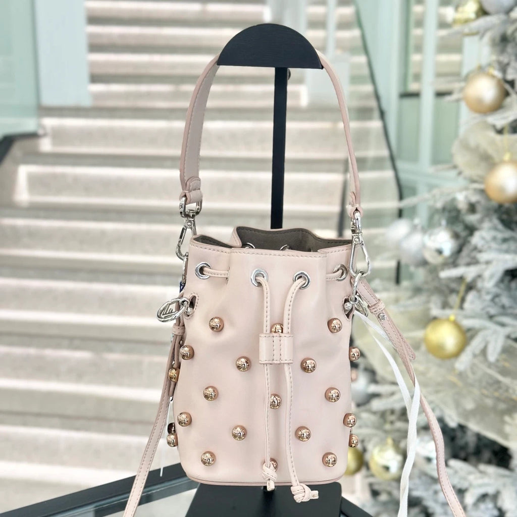 Fendi Calfskin PM Bucket Top Handle Shoulder Bag Pink Gold Pearls Women S