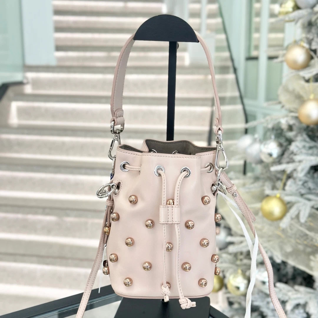 Fendi Calfskin PM Bucket Top Handle Shoulder Bag Pink Gold Pearls Women S