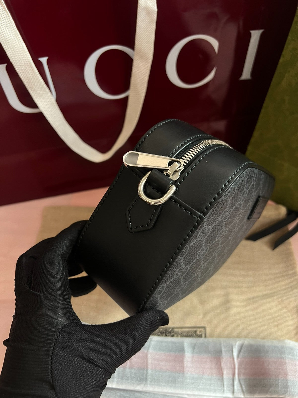 GUCCI Camera bag Black Monogram Tiger Head Canvas Crossbody bag Brand NEW
