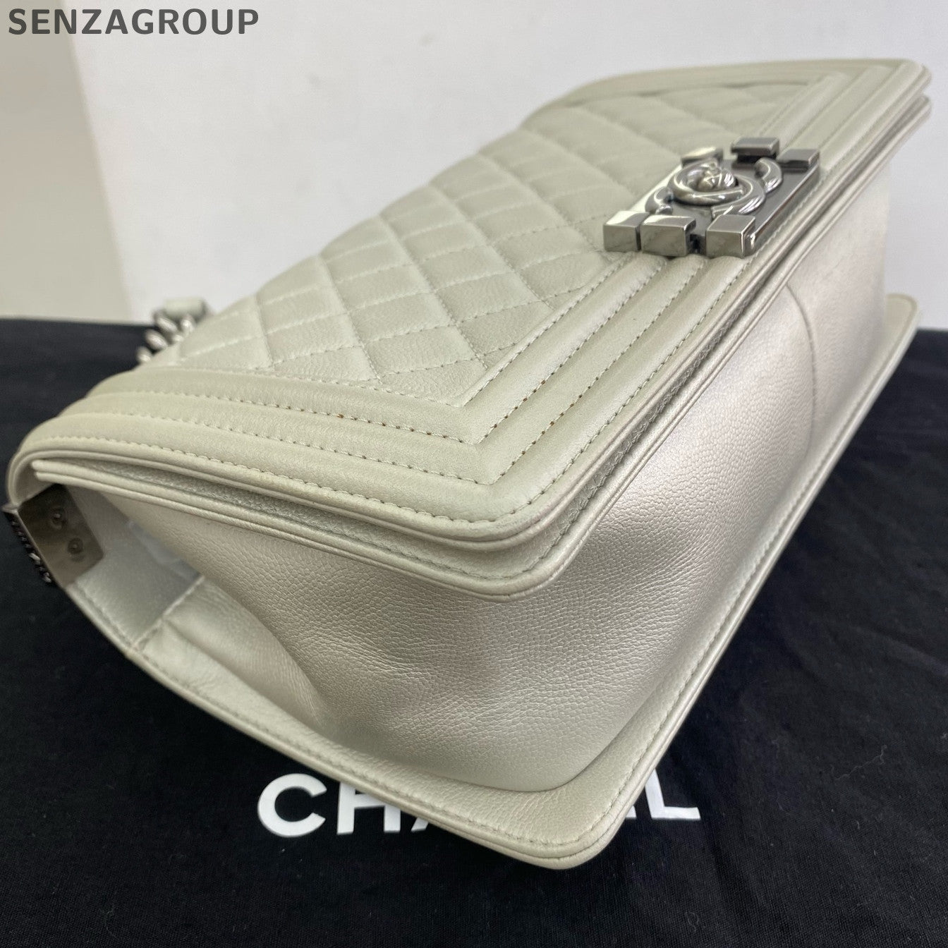 Chanel Le Boy Chevron Quilted Chain Shoulder Bag Silver White Classic Women