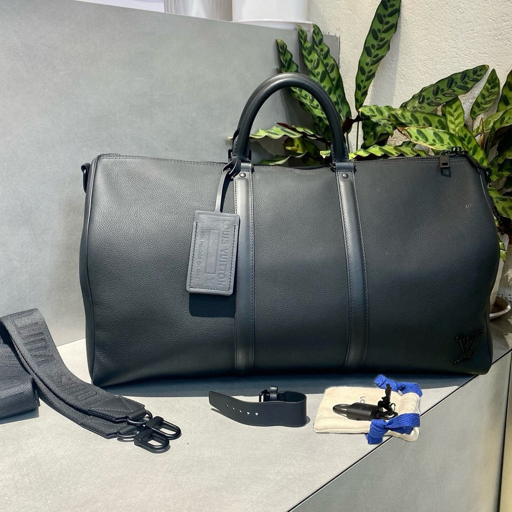 Louis Vuitton Keepall 50 Travel Bag Black Silver Unisex Classic