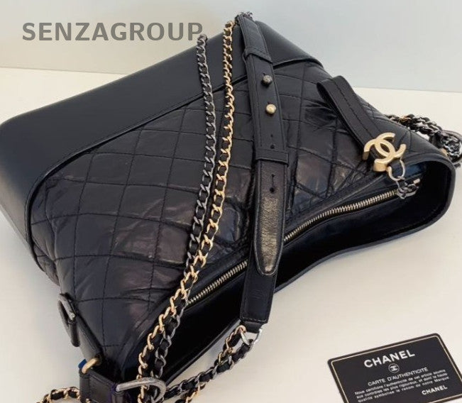 Chanel Gabrielle MM Chain Shoulder Bag Crossbody Black Gold Diamond Women