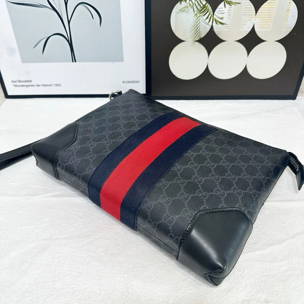 Gucci Black Monogram Stripe Canvas Leather Clutch Bag For Women