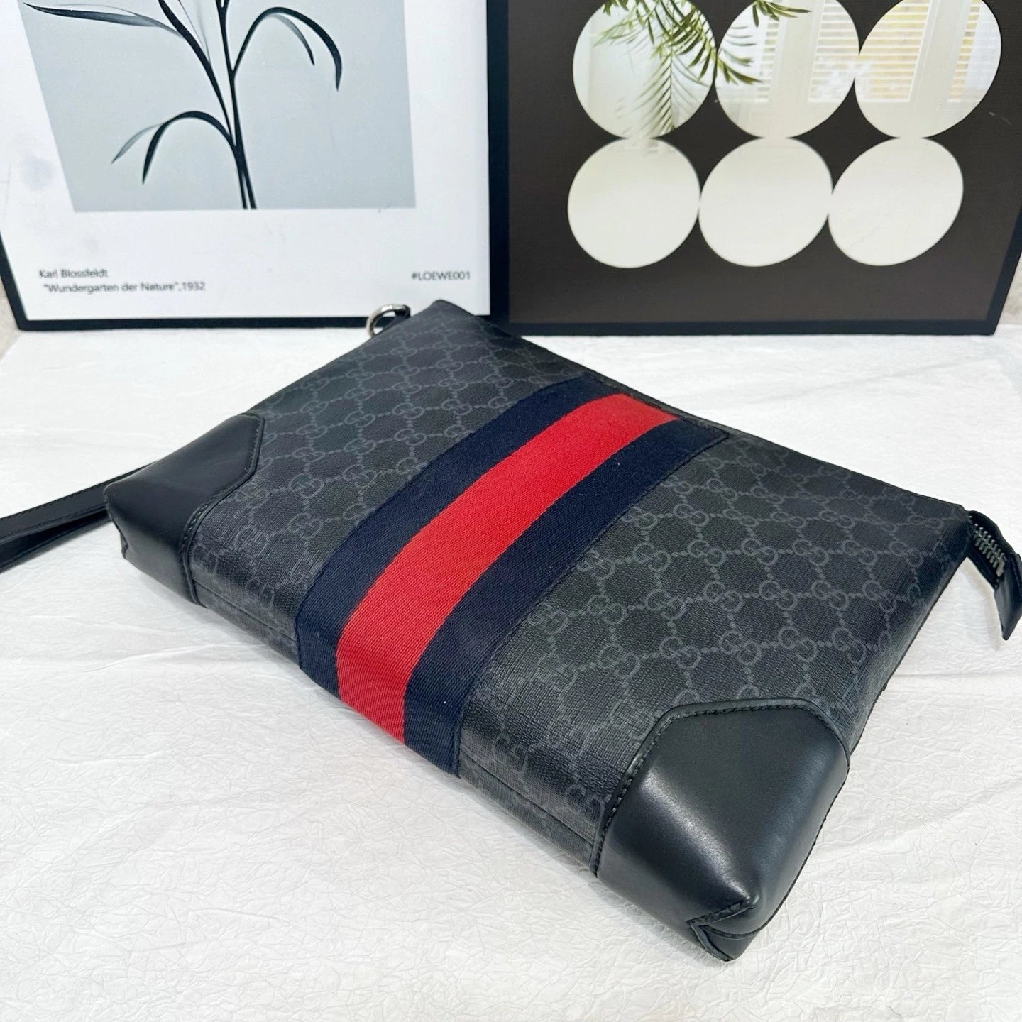 Gucci Black Monogram Stripe Canvas Leather Clutch Bag For Women