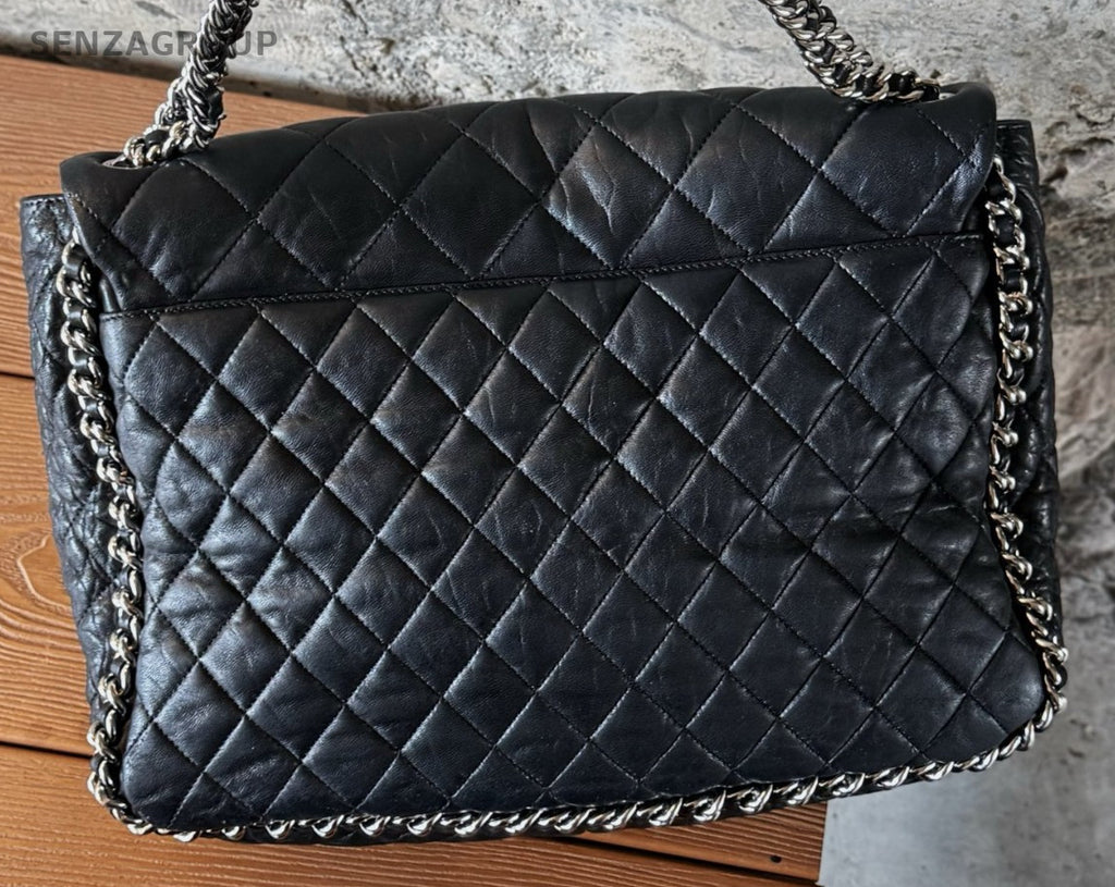 Chanel Calfskin Chain Shoulder Bag Black Silver Diamond Used Women Classic