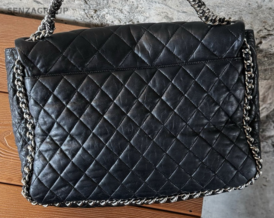 Chanel Calfskin Chain Shoulder Bag Black Silver Diamond Used Women Classic