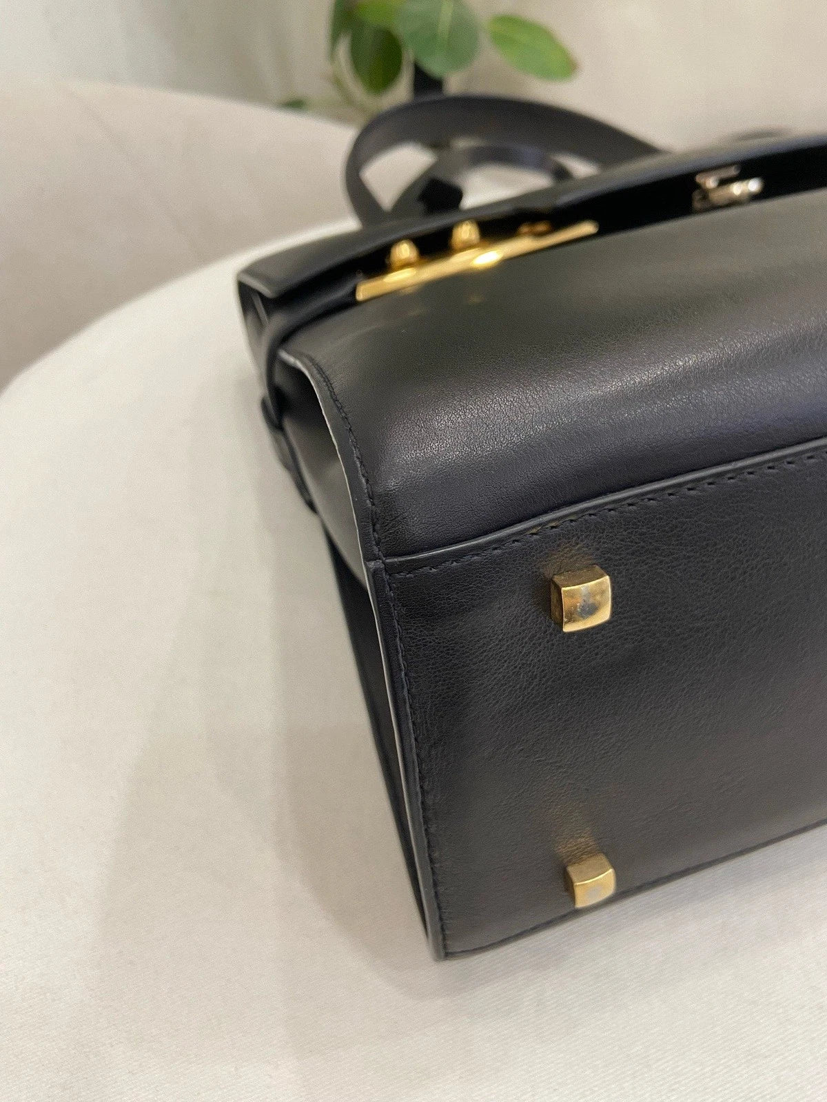 Delvaux Tempete MM Calfskin Top Handle Shoulder Bag Black Gold Women Classic