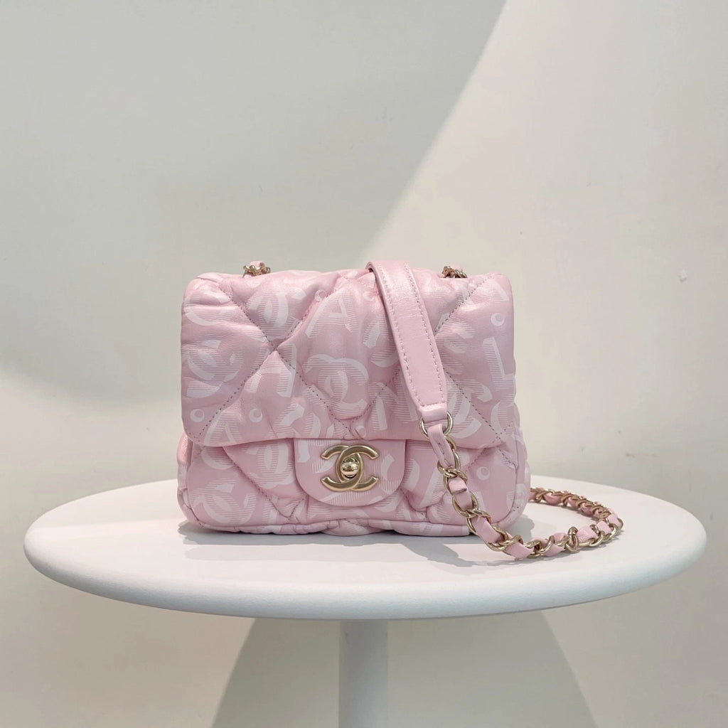 Chanel Puffy Square Flap Bag Crossbody &amp; Shoulder Bag Light Pink
