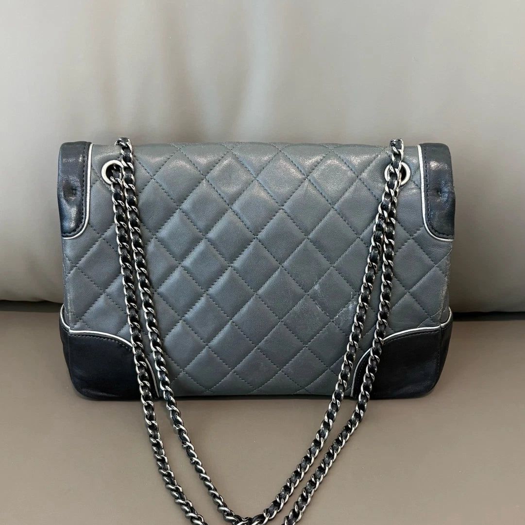 Chanel Classic Flap Diamond Silver Chain Shoulder Bag Crossbody Gray and Black