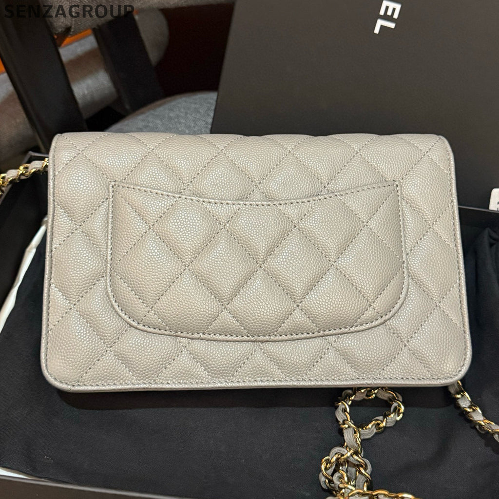Chanel WOC Calfskin Chain Shoulder Crossbody Bag Grey Gold Classic Fashion