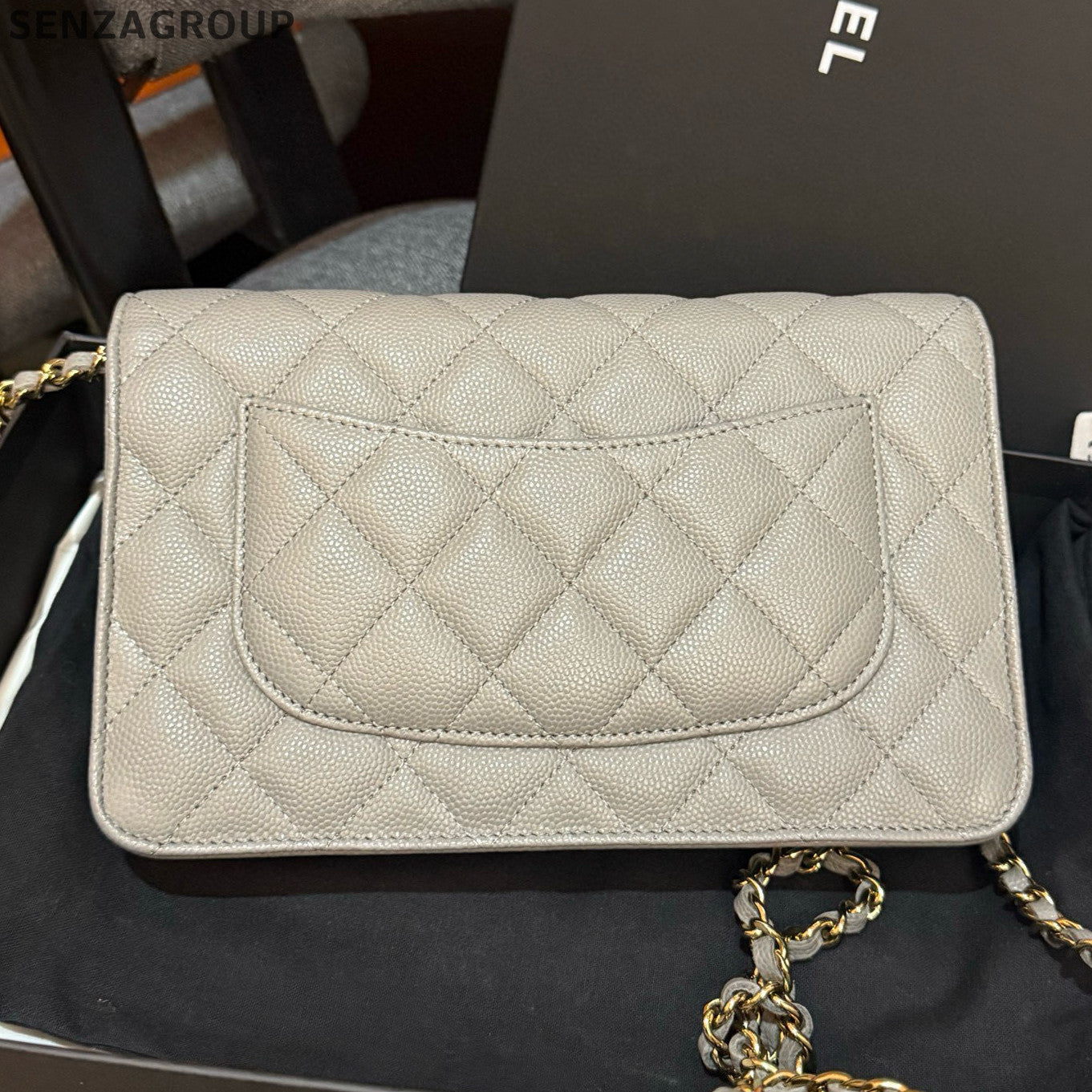 Chanel WOC Calfskin Chain Shoulder Crossbody Bag Grey Gold Classic Fashion