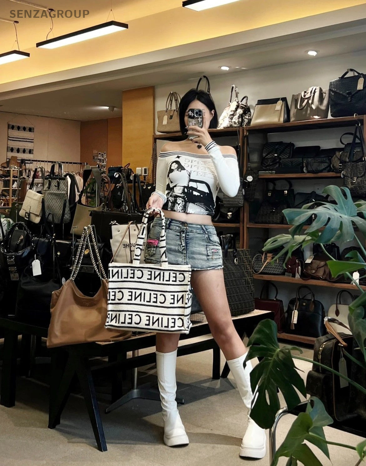 CELINE Tote Black and white letter print Canvas Shoulder Handbag Women