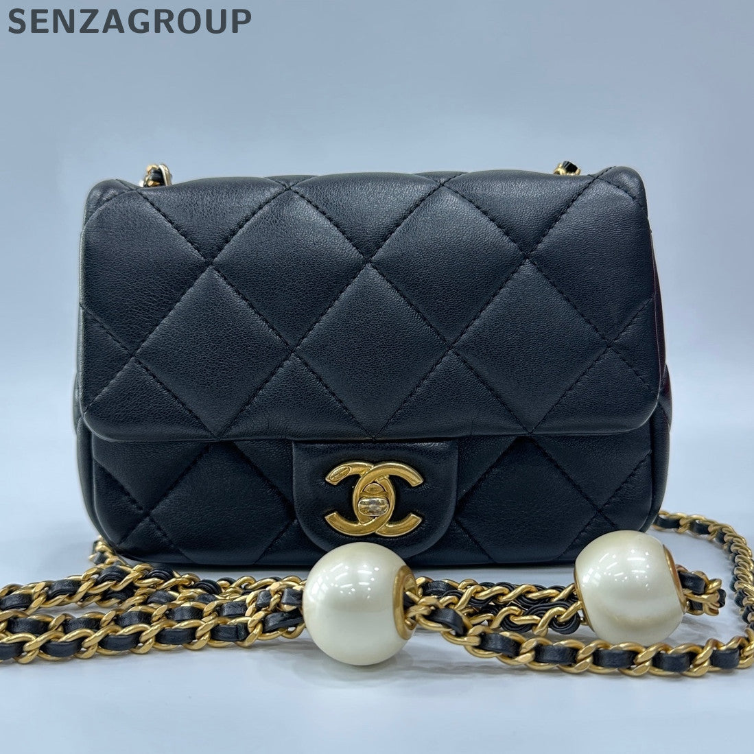 Chanel Classic Flap Double Pearl Chain Shoulder Crossbody Bag Black Gold