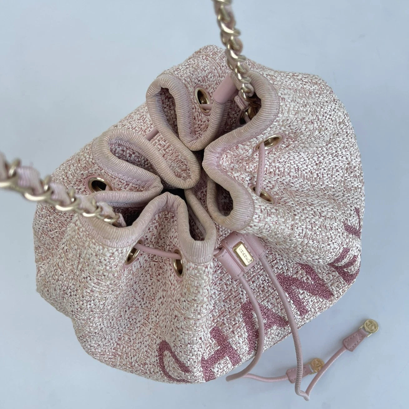 CHANEL Deauville Beach Bag Pink Drawstring Bucket Chain Shoulder Bag Crossbody