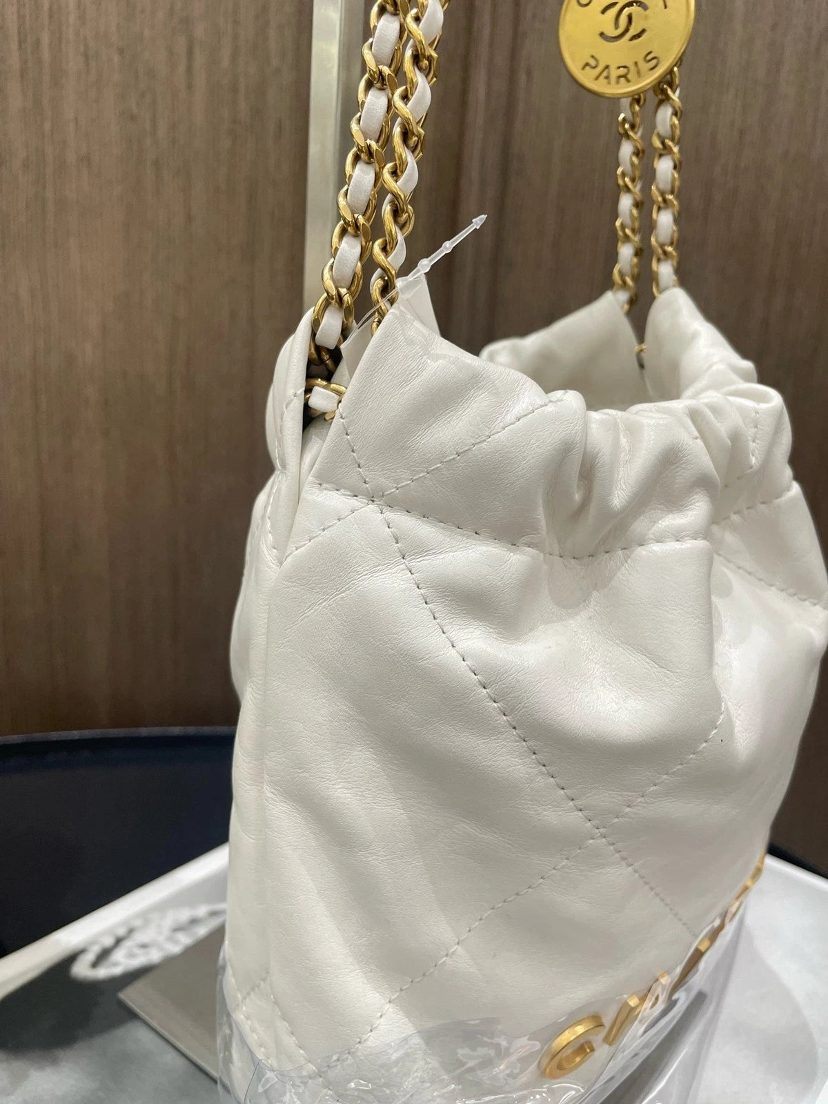 CHANEL Mini 22Bag White Gold Hardware Tote Chain Shoulder Bag For Women