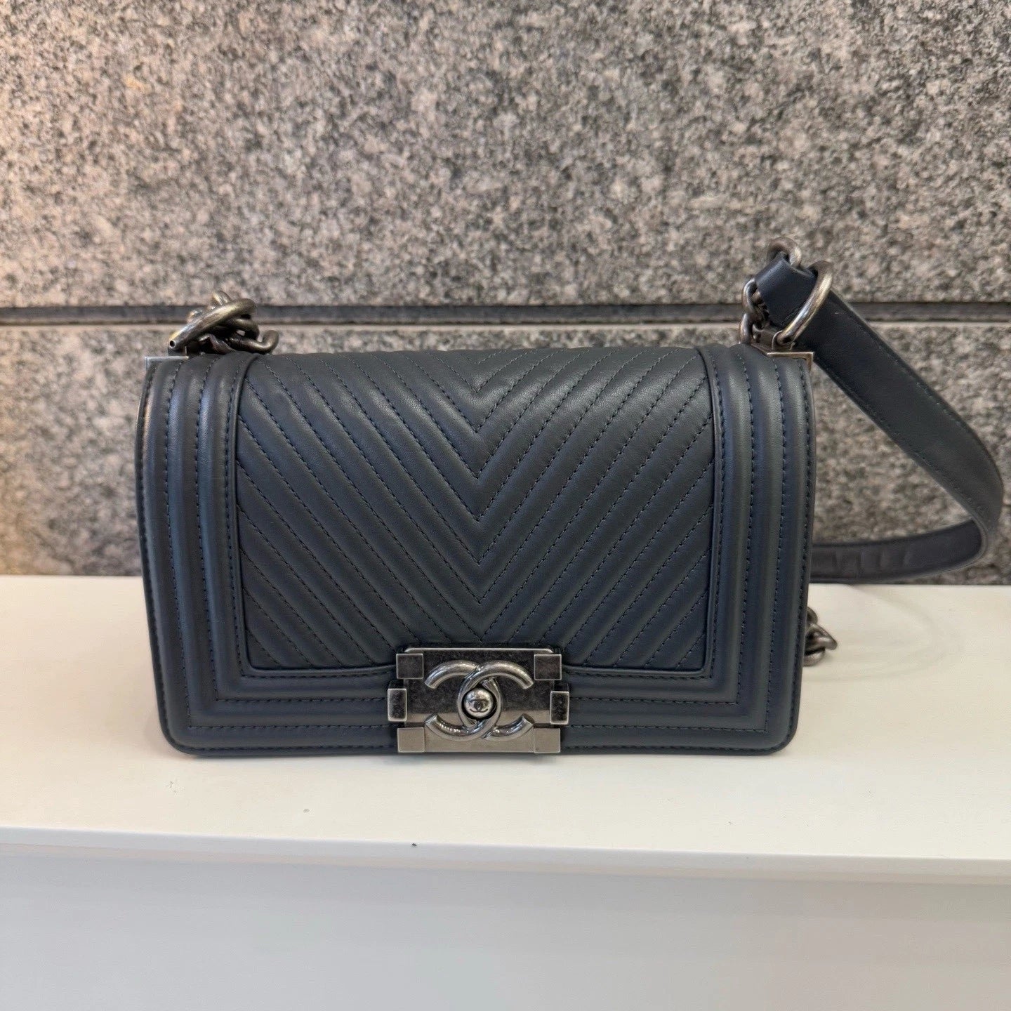 CHANEL Gray Calfskin Chevron LeBoy Small Shoulder Bag For Women