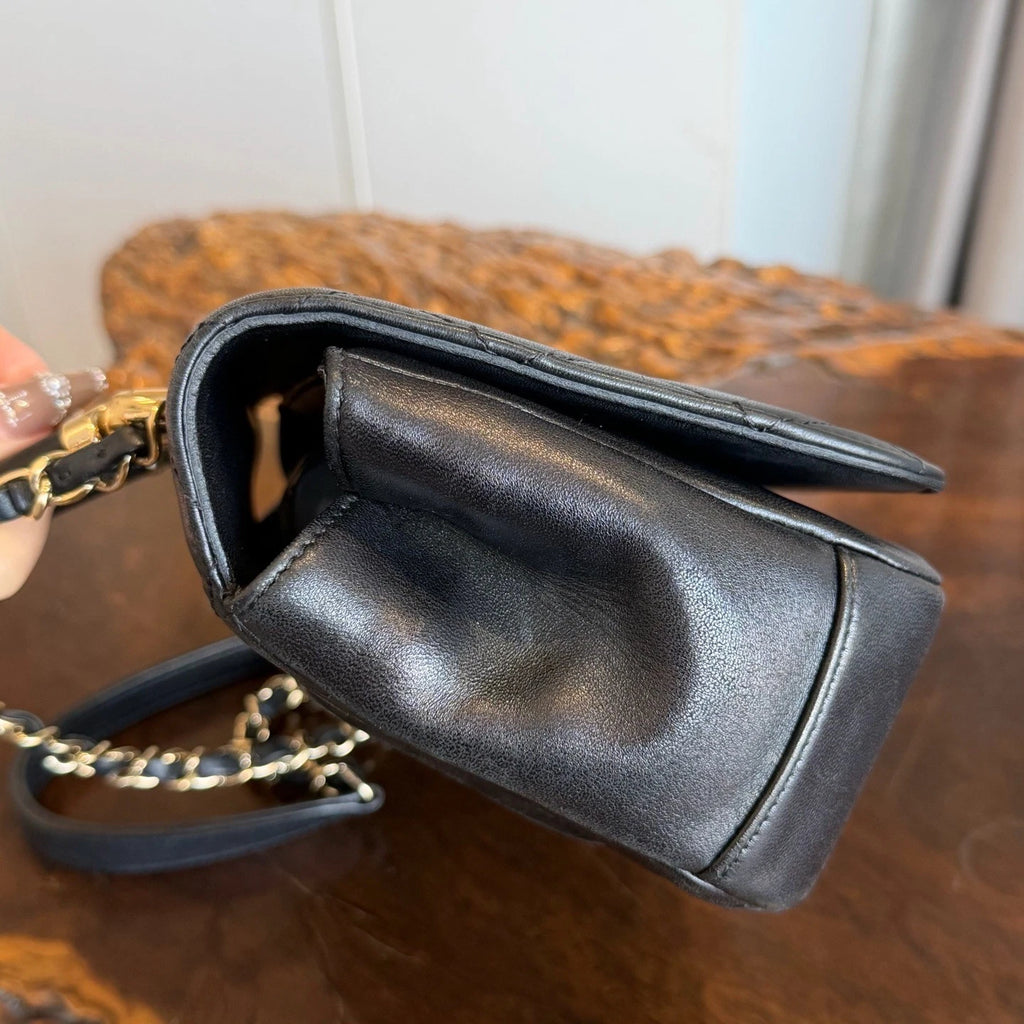 Chanel Diamond Handle Bag Chain Top Handle Crossbody Black Gold Excellent