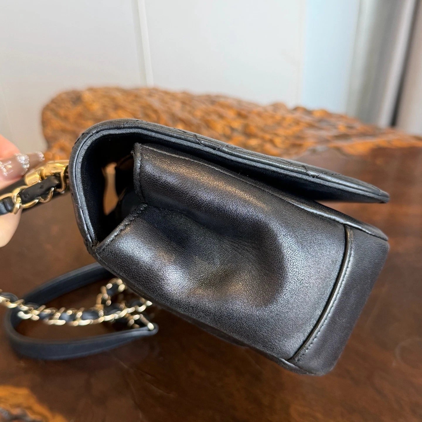 Chanel Diamond Handle Bag Chain Top Handle Crossbody Black Gold Excellent