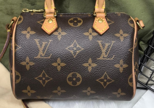 Louis Vuitton Speedy Nano Monogram Crossbody Brown Gold Used Women Classic