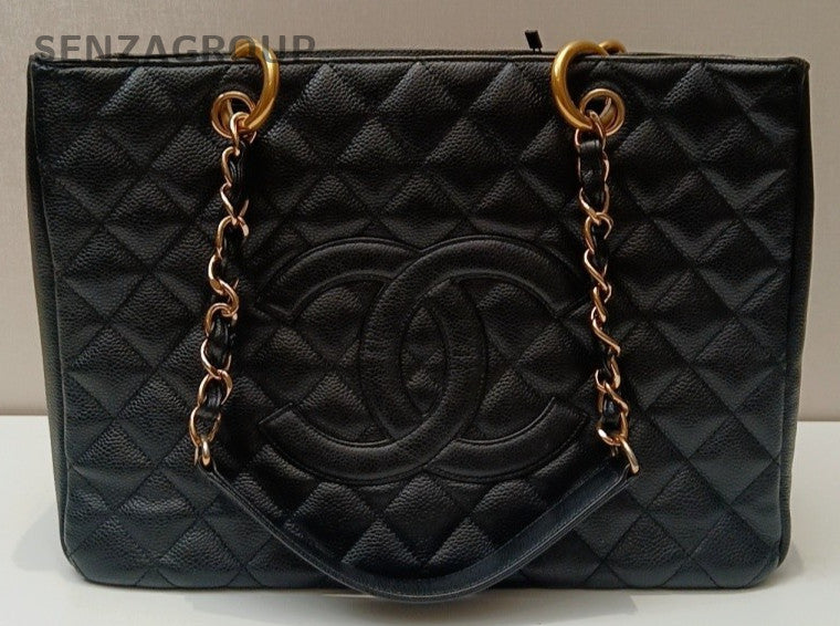 Chanel GST MM Chain Shoulder Bag Black Gold Used Women Classic Diamond