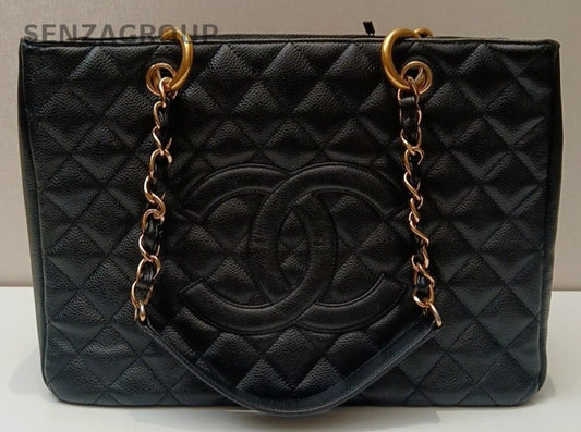 Chanel GST MM Chain Shoulder Bag Black Gold Used Women Classic Diamond