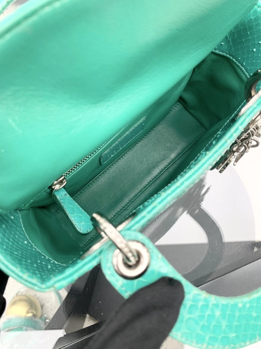 Christian Dior Lady Dior 2Way Top Handle Bag Crossbody Green Silver Women S