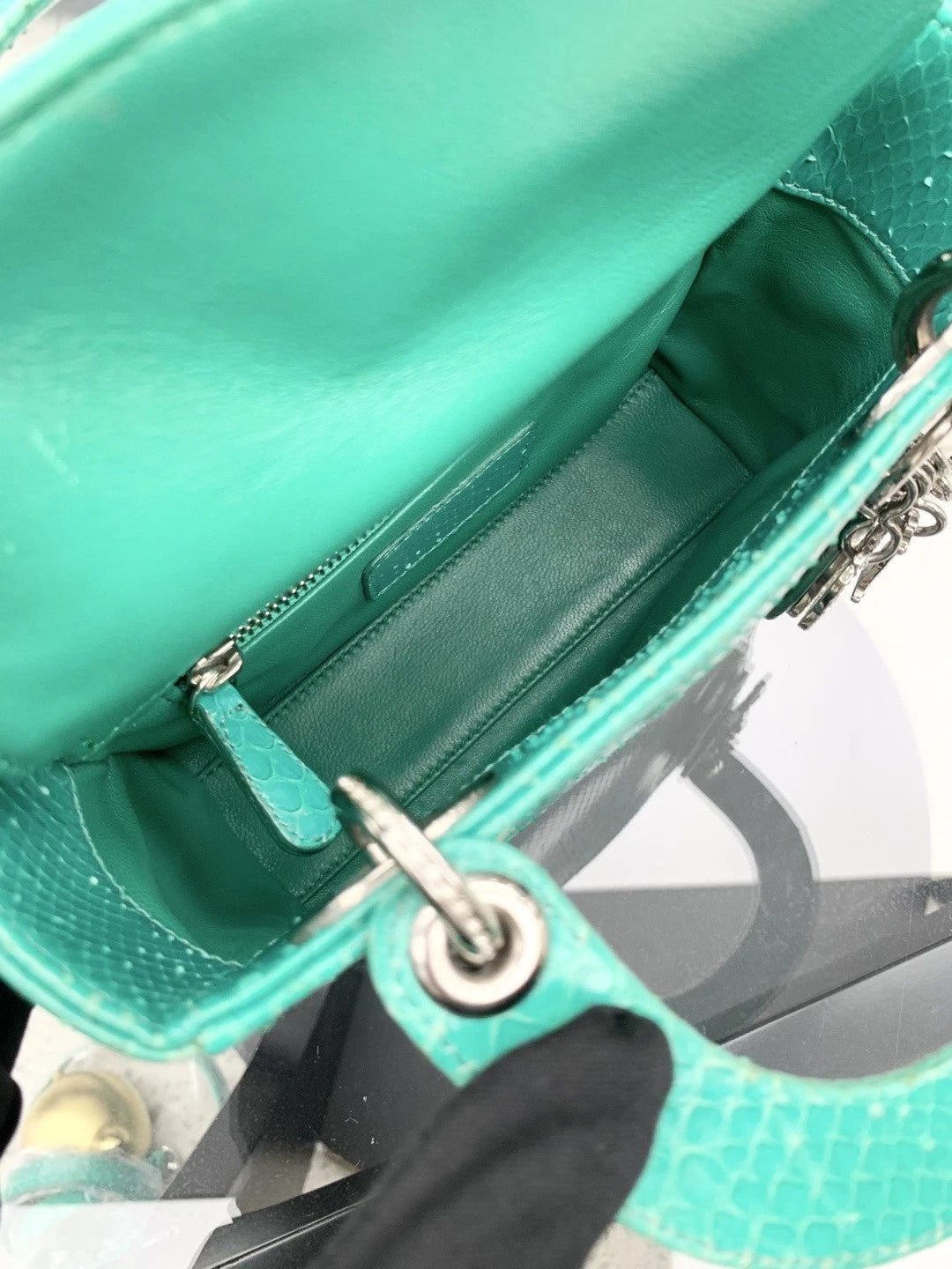Christian Dior Lady Dior 2Way Top Handle Bag Crossbody Green Silver Women S