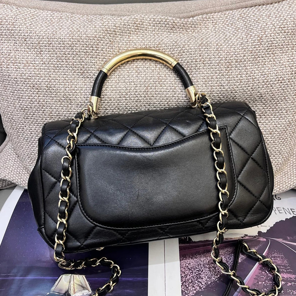 Chanel Lambskin Chain Top Handle Crossbody Black Gold Diamond Women Classic