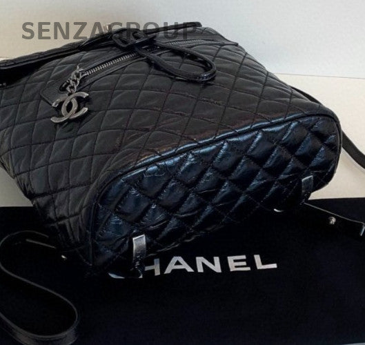 Chanel Calfskin MM Backpack Black Silver Diamond Used Women Classic Designer
