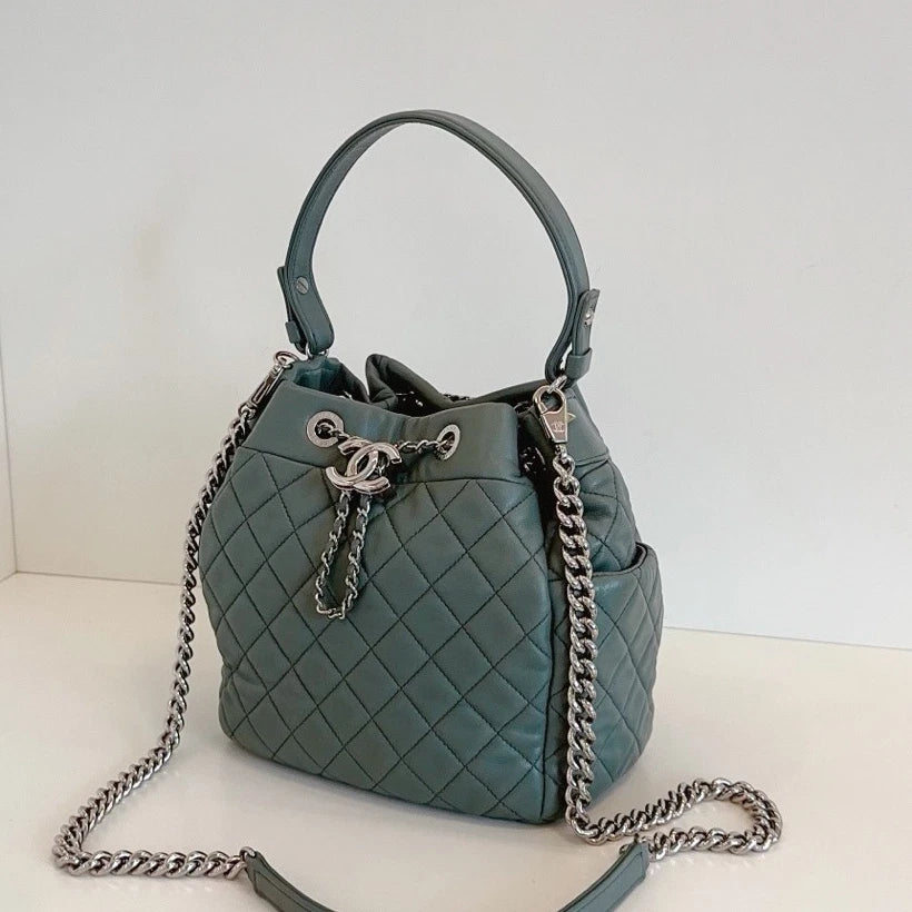 Chanel Diamond Drawstring Bucket Top Handle Shoulder Bag Green Silver Women