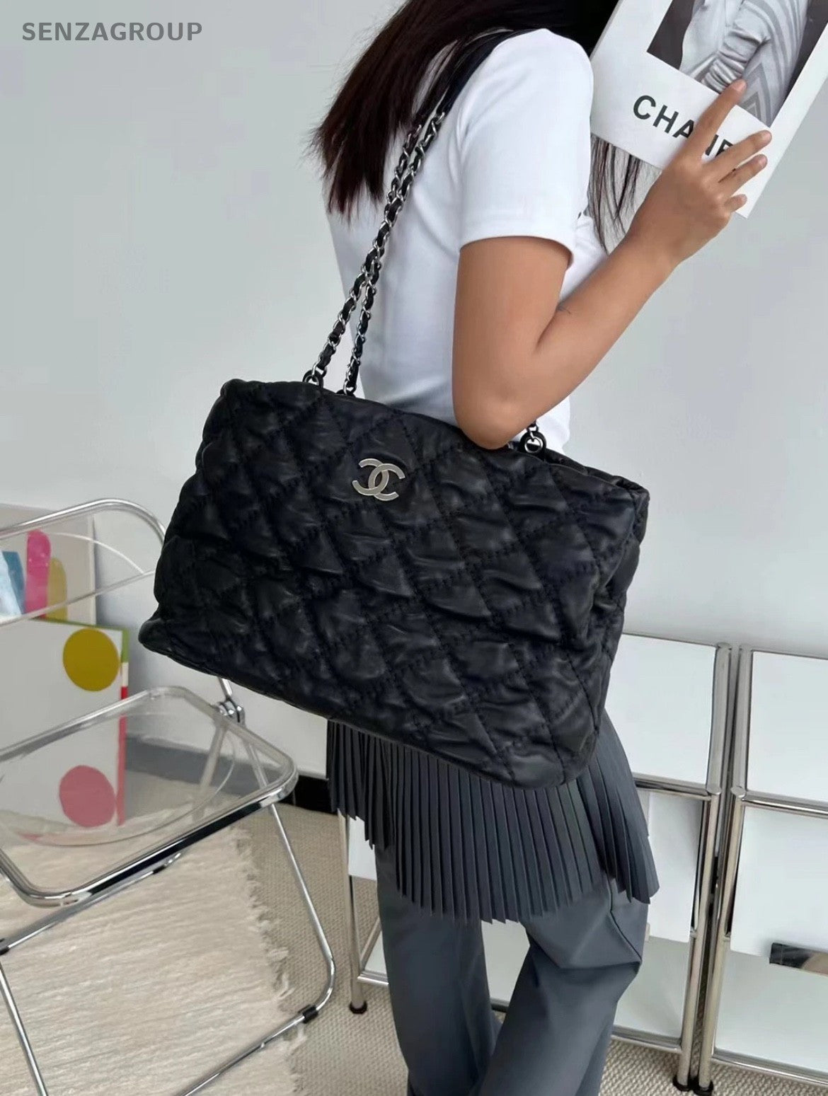 CHANEL Puffer Tote Calfskin Chain Shoulder bag Black Silver Women Classic