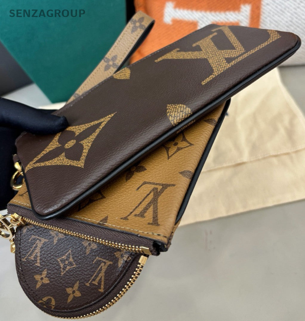 Louis Vuitton Monogram Trio Clutch Brown Gold Women Classic