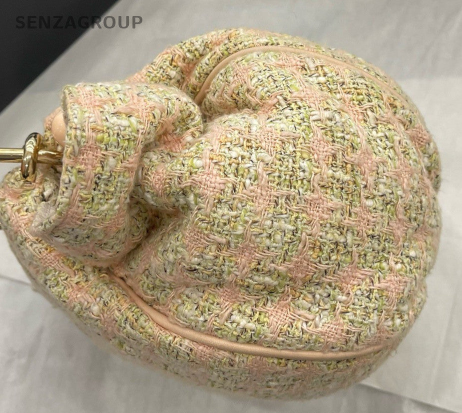 Chanel Tweed Vintage Top Handle Bag Pink Gold Used Women Classic Designer