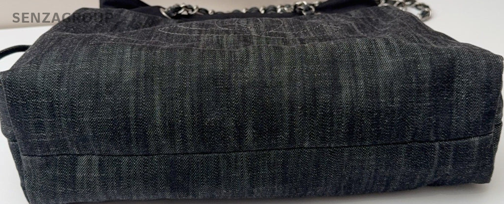 Chanel Denim CC Logo Tote Chain Shoulder Bag Black Silver Women Classic