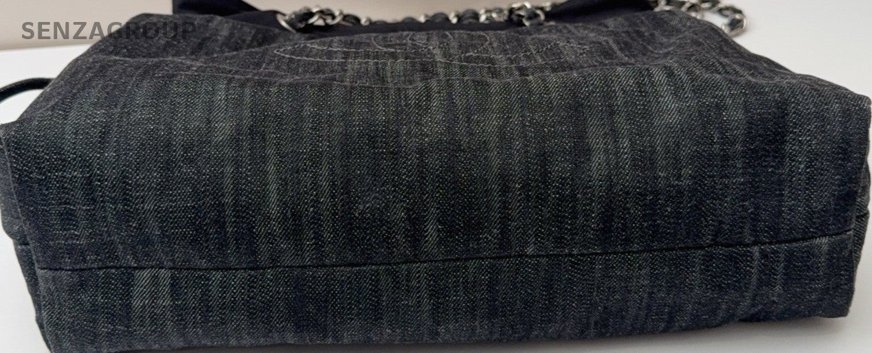 Chanel Denim CC Logo Tote Chain Shoulder Bag Black Silver Women Classic