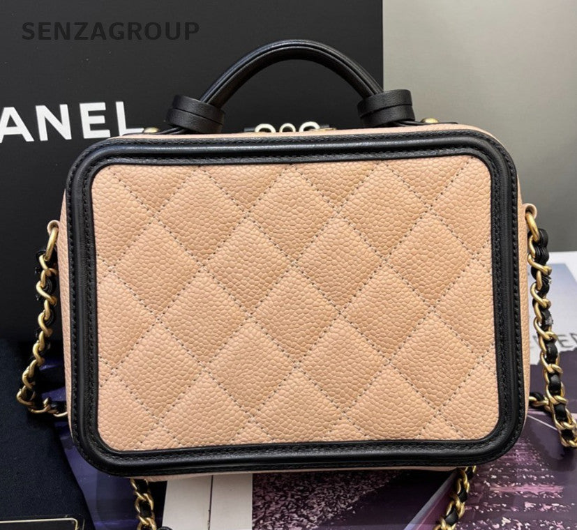 Chanel Vanity Case PM Calfskin Chain Shoulder Bag Crossbody Beige Black Women