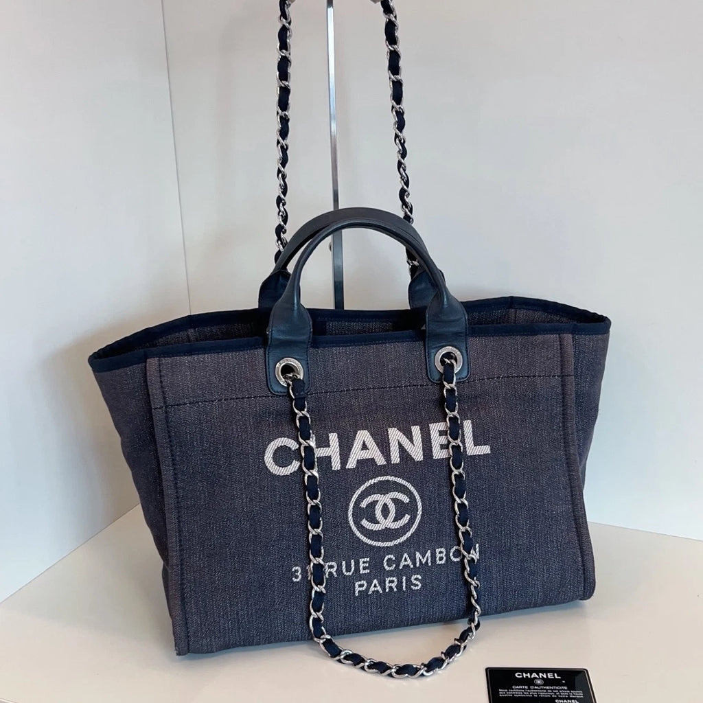 Chanel Canvas Calfskin Beach Bag Chain Top Handle Shoulder Blue Silver Women