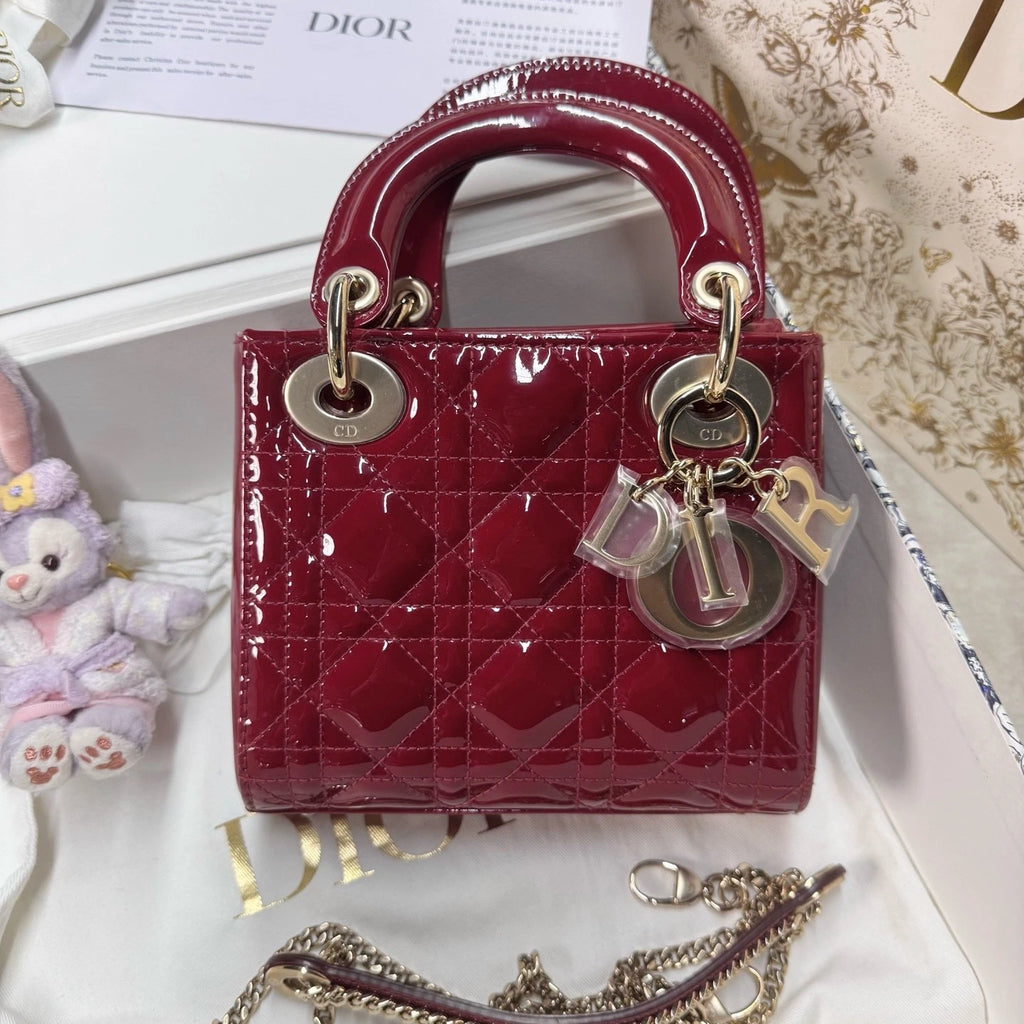 New Dior Red Patent Leather 3-Grid Lady Dior Handbag For Women