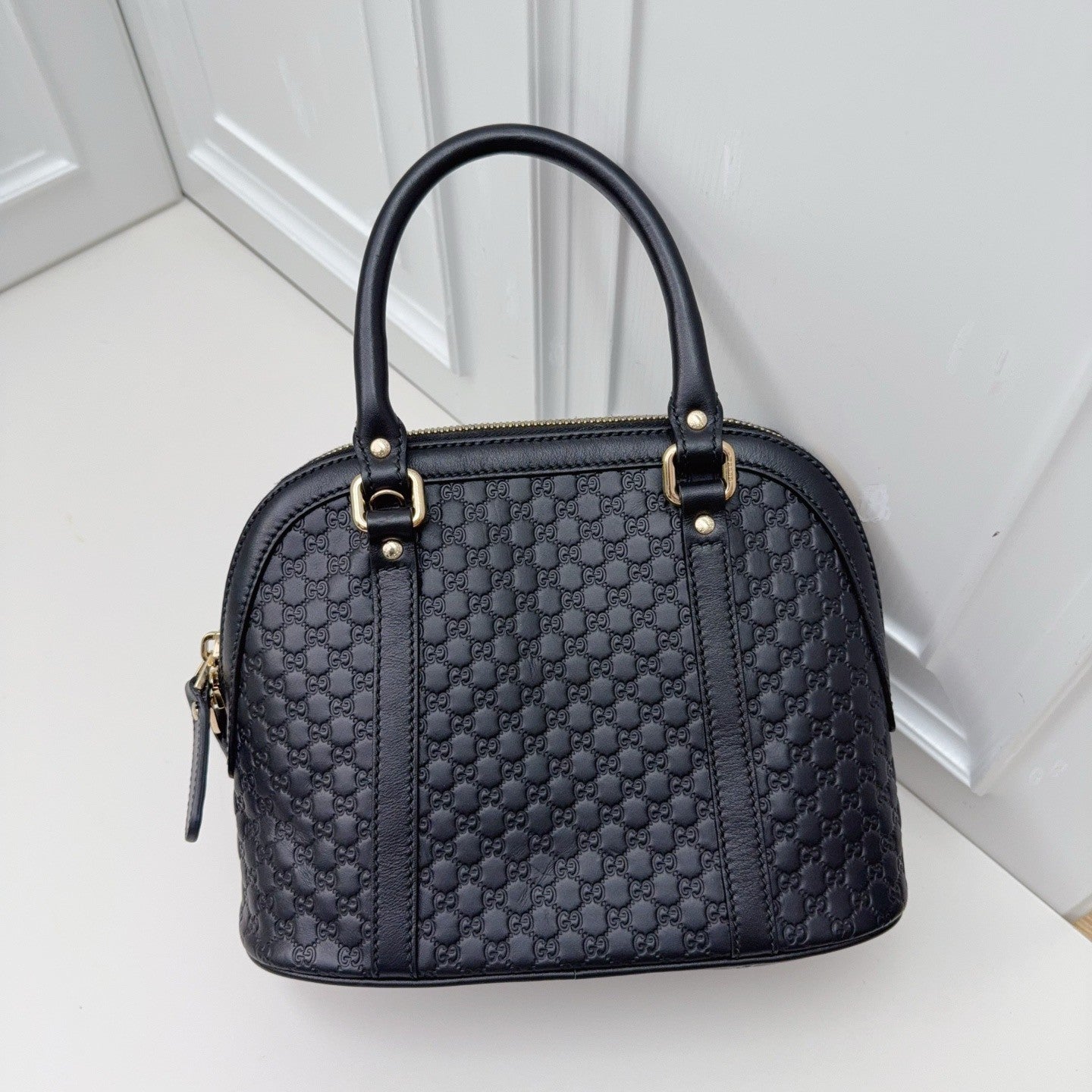 GUCCI Alma bb Monogram Empreinte 2WAY Shoulder Handbag Black Gold Women