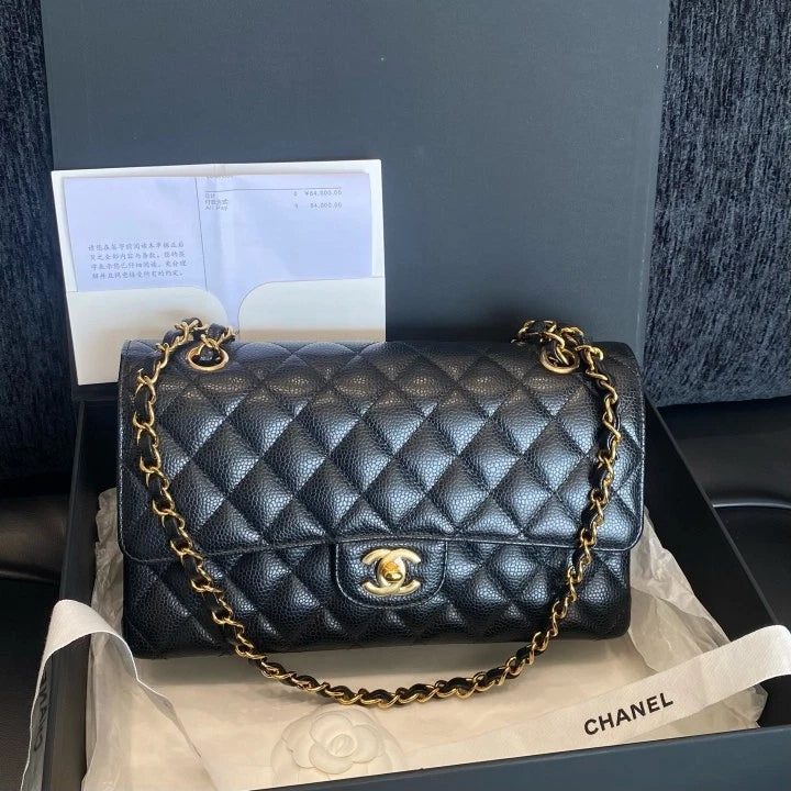 Chanel Classic Flap Calfskin MM Chain Shoulder Bag Black Gold Women D
