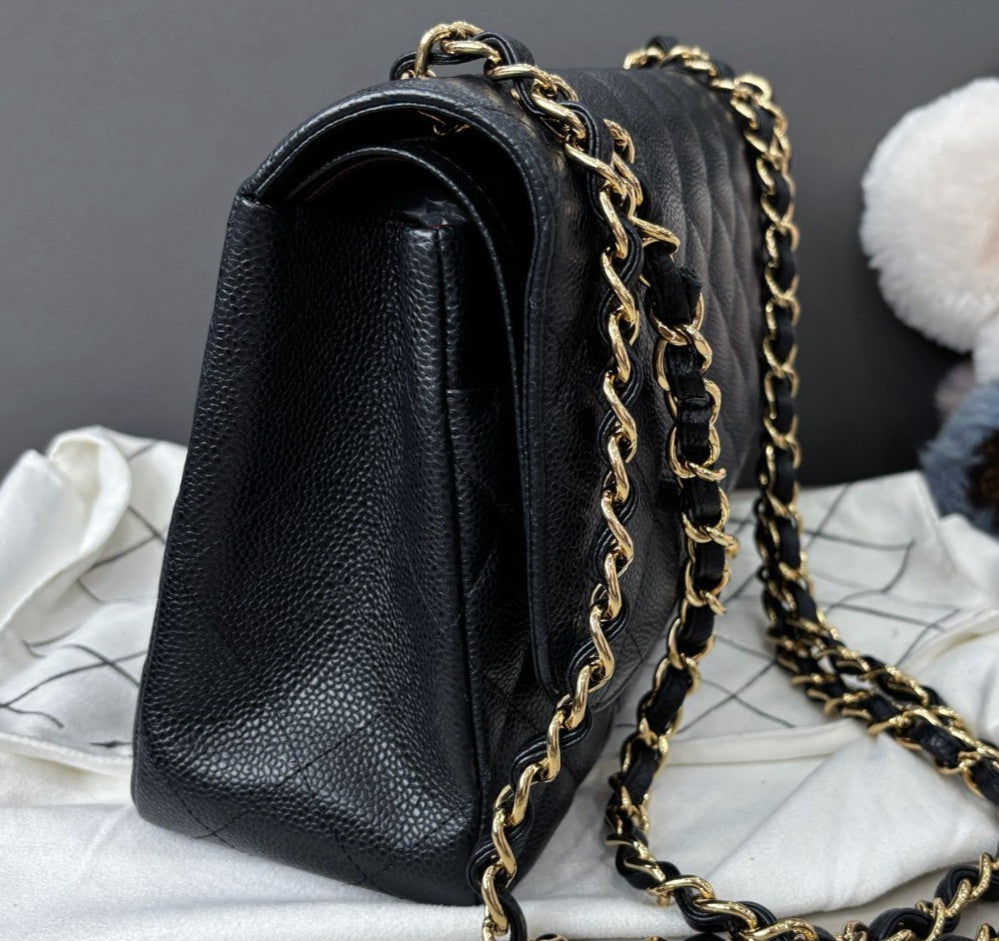 Chanel Classic Flap Jumbo Calfskin Chain Shoulder Bag Black Gold Women Fashion