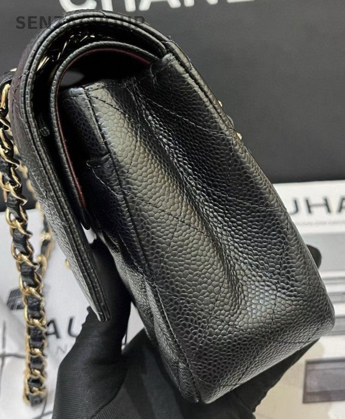 Chanel Classic Flap MM Calfskin Diamond Chain Shoulder Bag Black Gold Women