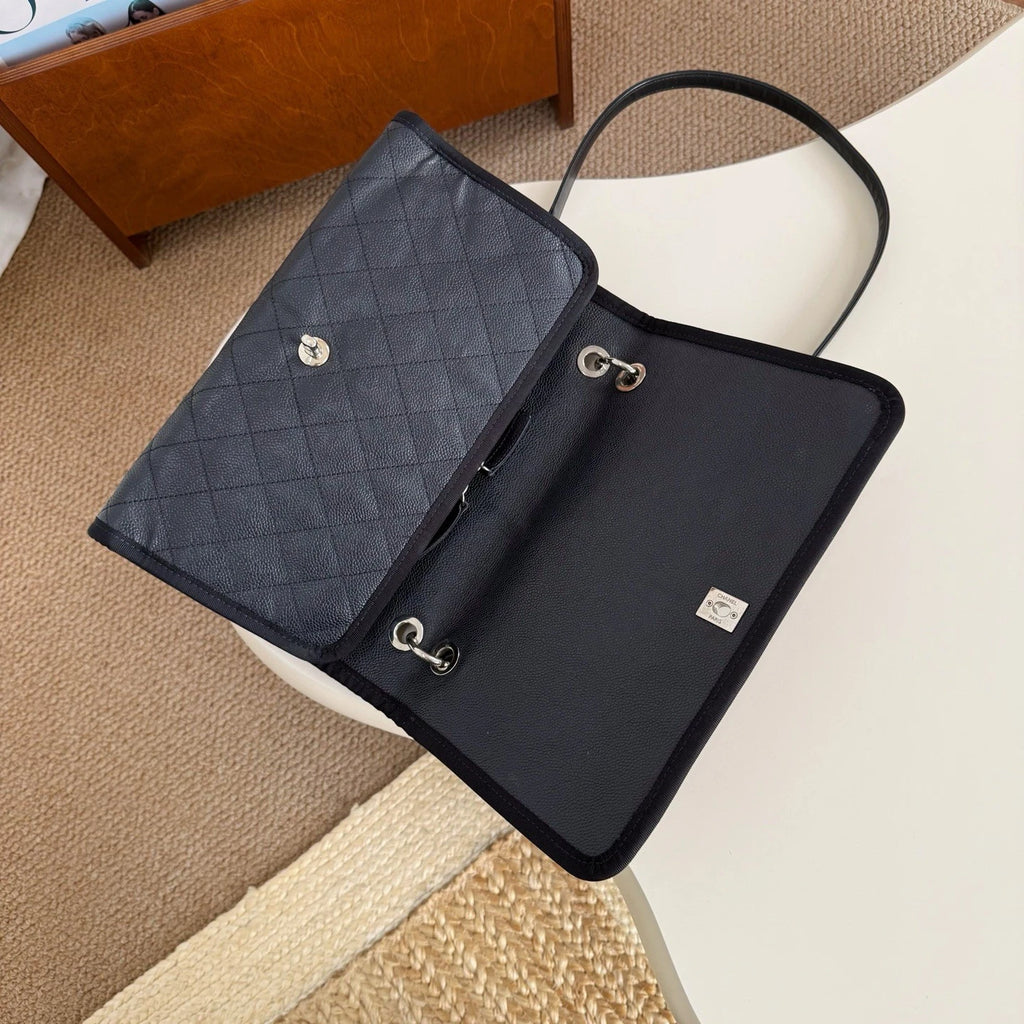 Chanel Classic Flap With Top Handle Chain Shoulder Bag Black Silver Women