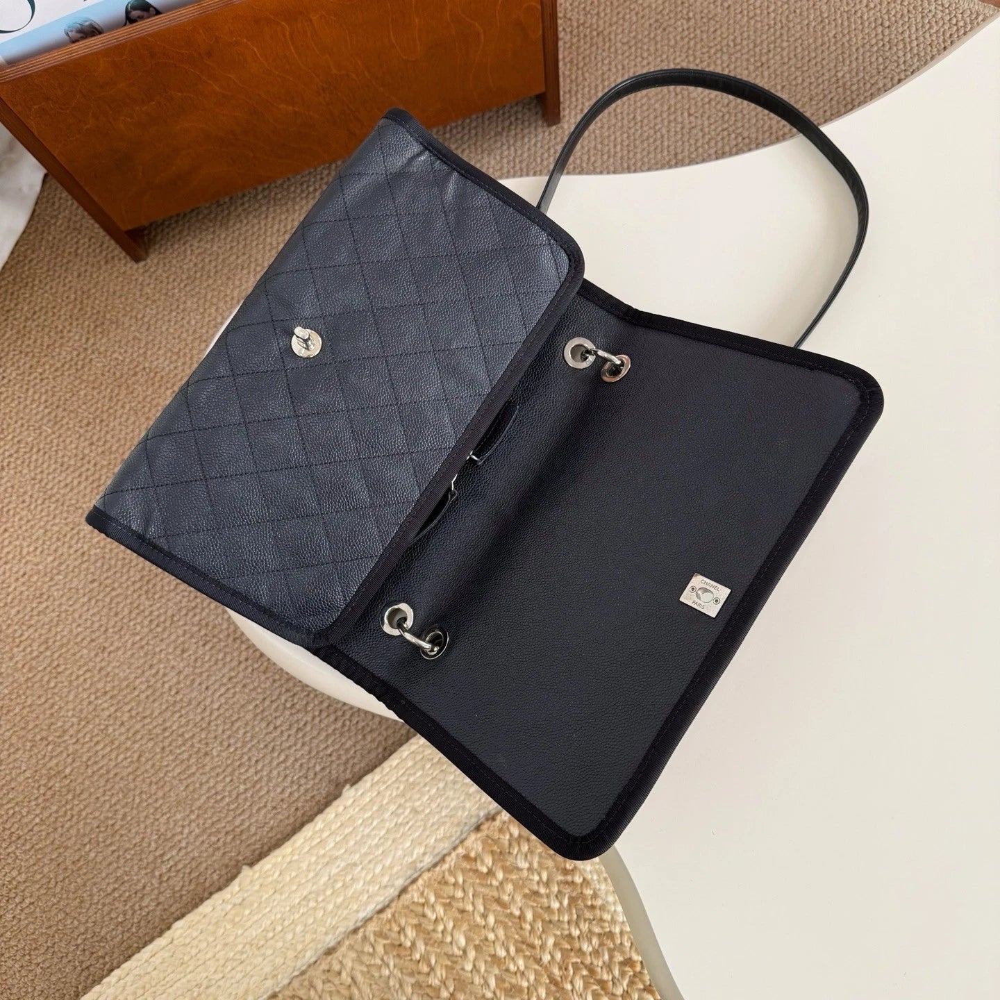 Chanel Classic Flap With Top Handle Chain Shoulder Bag Black Silver Women