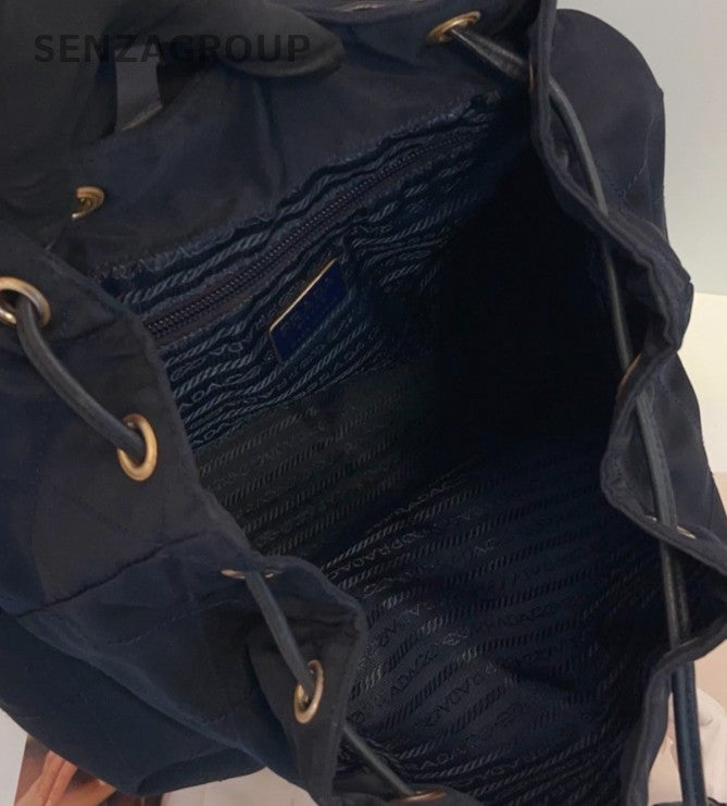Prada Canvas Leather Drawstring Backpack Black Gold Women Classic Designer
