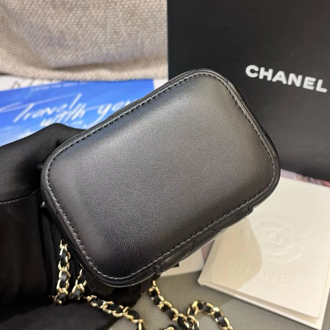 Chanel Lambskin Mini Vanity Case Chain Crossbody Black Gold Diamond Women
